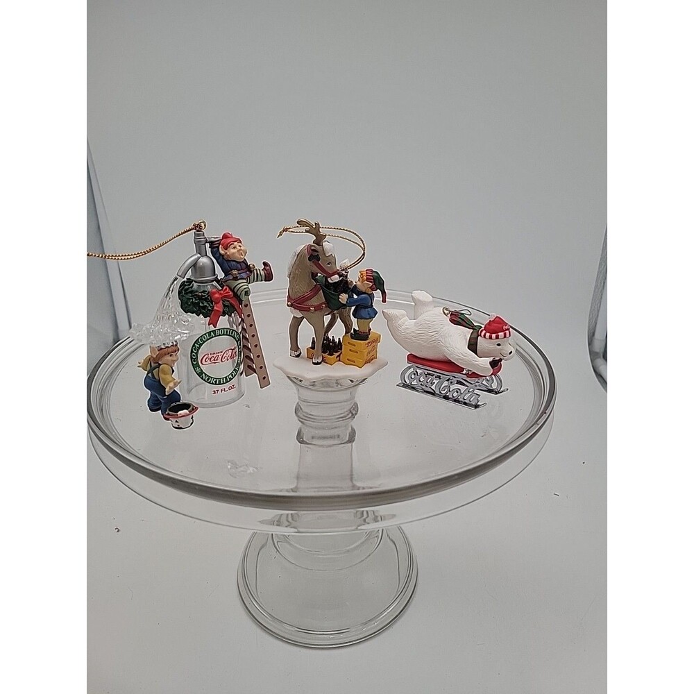 Lot Of 3 Coca Cola Ornaments- Polar Bear On Sled, Moose And Elf, Bottle Seltzer